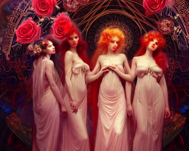 Prompt: three stunning angels with beautiful angelic faces, wearing psychedelic wicca, in wedding dresses, red neon roses, full body, dark and mysterious, atmospheric, ominous, eerie, cinematic light, epic, 8 k 3 d, ultra detail, ultra realistic, by wlop, by mucha, by giger
