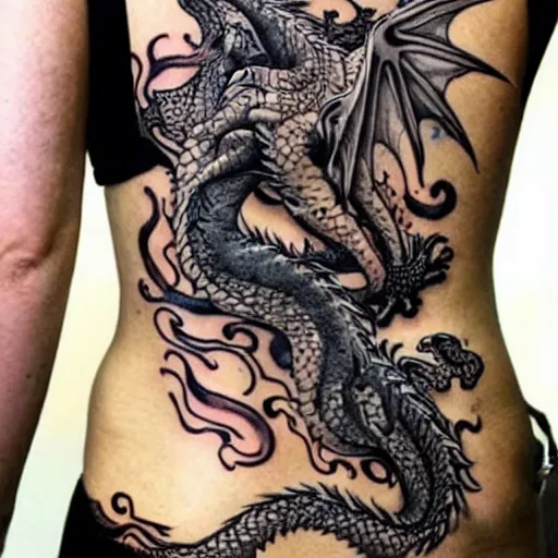 Image similar to The most beautiful dragon tattoo art ever made on the human body, high detail,