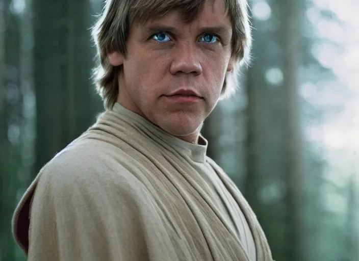 Prompt: stunning detailed portrait of luke skywalker at the new jedi temple in forest. mark hammill 1988, Photographed with Leica Summilux-M 24 mm lens, ISO 100, f/8, Portra 400