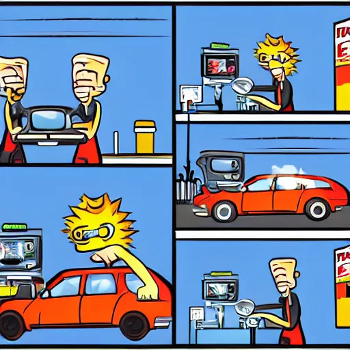 Prompt: petrol station expensive fuel blonde woman nice car cartoon style drawn comic sunny weather wide shot surprised expression valvoline gas