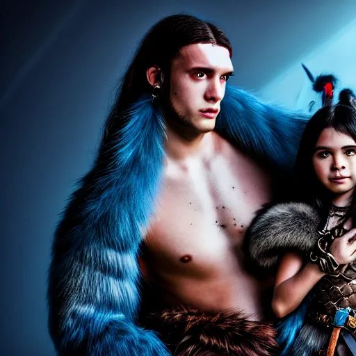 Image similar to a male DND barbarian wearing fur coat holding a small blue-skinned Triton girl with black hair, high resolution film still, 4k, HDR colors