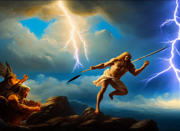 Image similar to soft painting of zeus fighting chronos with a spear of lightning at the top of mount olympus. fantasy style. highly detailed 8 k. intricate. lifelike. soft light. nikon d 8 5 0 5 5 mm. dof. cinematic post - processing.