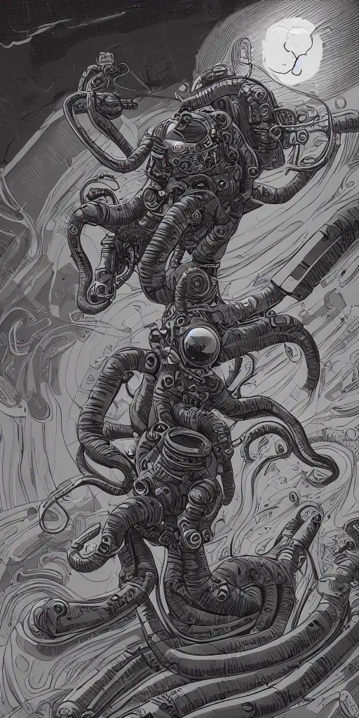 Image similar to eldritch astronaut with tentacle arms, style of james jean and laurie greasley and greg rutkowski, dynamic composition, dramatic lighting, hyper - realistic, ultra detailed, 8 k