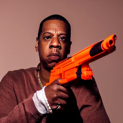 Image similar to Jay-Z posing with a nerf gun, 8k, dramatic lighting, dramatic scene