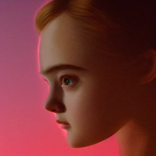 Prompt: silhouette of a Elle Fanning gazing at the ocean, pitch black room, extremely detailed realist masterpiece, oil on canvas, low-key neon lighting, artstation, Blade Runner 2049, Roger Deakin’s cinematography, by Stephen Bauman,