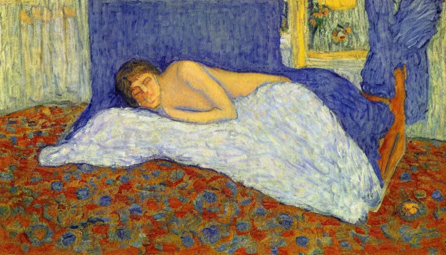 Image similar to woman with blue dress laying on the bed, by pierre bonnard