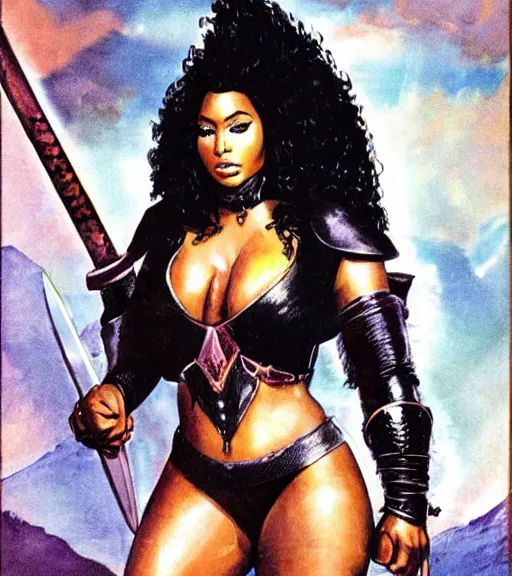 Prompt: 1 9 8 0 s fantasy novel book cover, plus size amazonian nicki minaj in extremely tight bikini armor wielding a cartoonishly large sword, exaggerated body features, dark and smoky background, low quality print