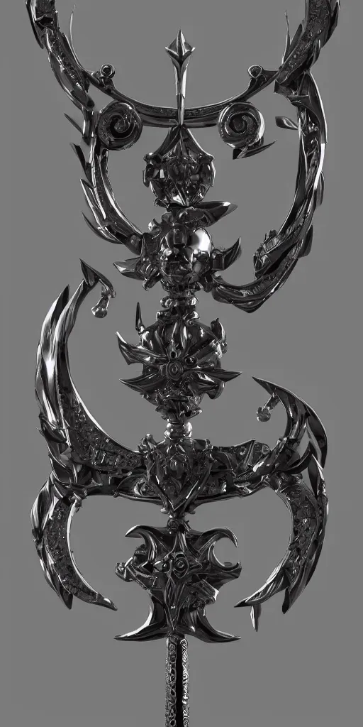 Image similar to a black and silver stylized sword skull crest, ornament, weapon, a 3 d render by dom qwek, front side, concept art, trending on polycount, artstation, hard surface modeling, rendered in maya, zbrush, hd, blizzard, symmetry