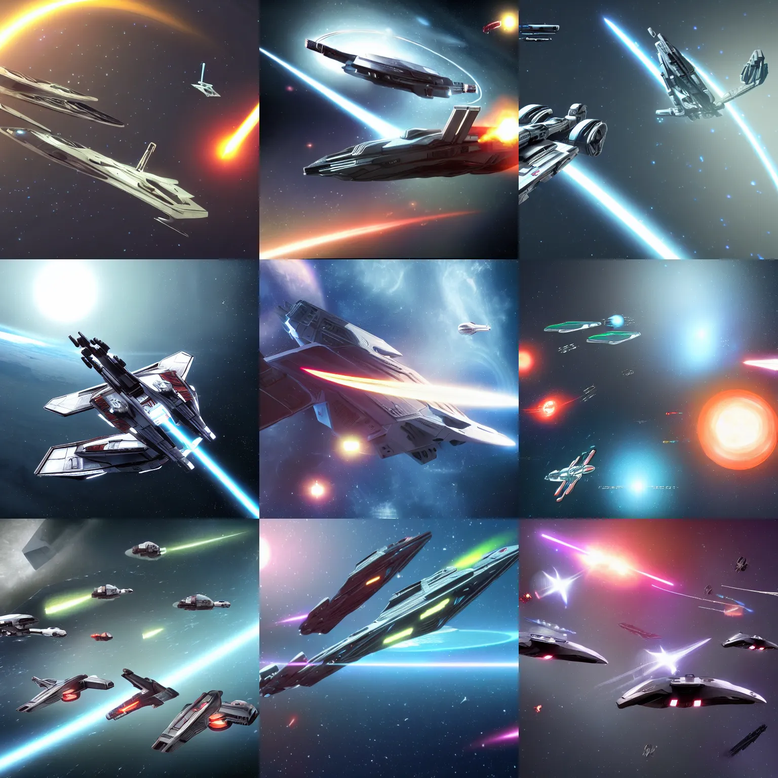 Prompt: sleek looking starships flying through space shooting at each other, beautiful space, very high quality, battletech style, star trek, battlefront, battlestar galactica