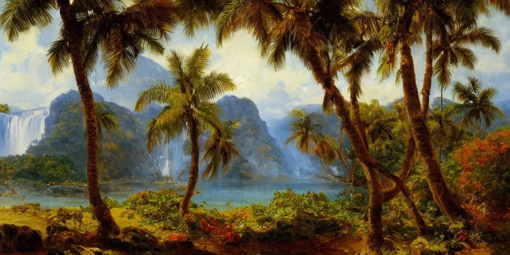 Prompt: a beautiful landscape painting of a tropical island with waterfall and palm trees, autumn season, by frederic edwin church, oil on canvas, highly detailed, hd, 4 k