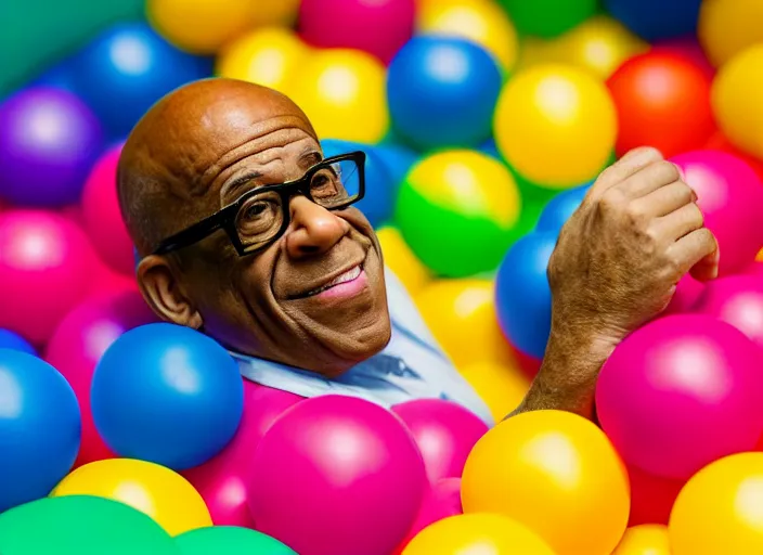 Image similar to photo still of al roker in a ball pit!!!!!!!! at age 4 6 years old 4 6 years of age!!!!!!!! hiding from parents, 8 k, 8 5 mm f 1. 8, studio lighting, rim light, right side key light