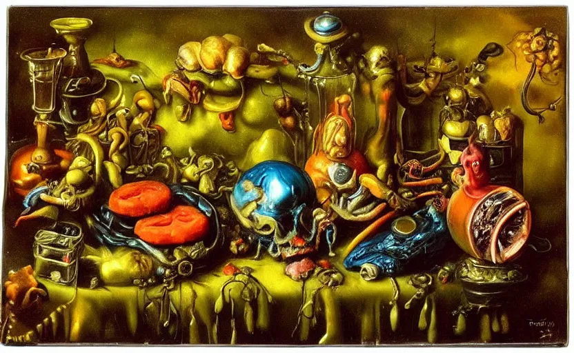 Prompt: disturbing colorful oil painting dark background dutch golden age vanitas still life weird flowers beautiful composition with bizarre objects strange gooey transparent surfaces shiny metal reflections bizarre mutant meat insects rachel ruysch dali todd schorr very detailed perfect composition rule of thirds masterpiece canon 5 0 mm, cinematic lighting, photography, retro, film, kodachrome