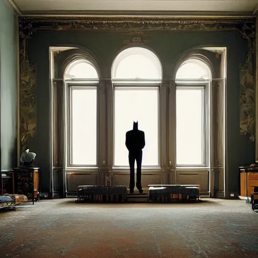 Image similar to Batman standing in giant Italian modern castle living room, clean minimalist design, that is 1300 feet tall, with very tall giant walls filled with modern art paintings, doors that are cosmic portals, photo by Annie Leibovitz