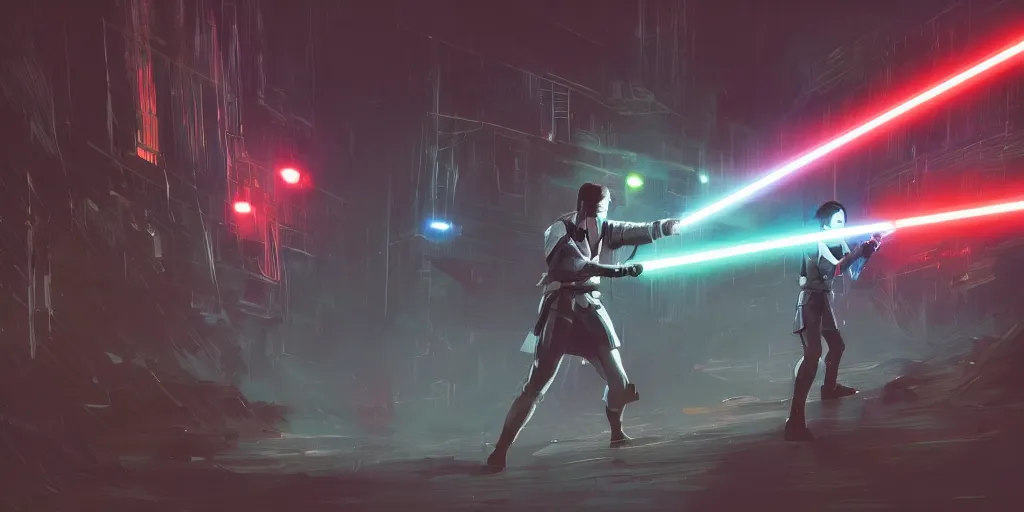 Image similar to Jedi lightsaber Duel in future japan at night, sword fight, Neon Lights, High contrast, concept art, fine details, studio ghibli, cinematic lighting, ghost-in-the-shell, cyberpunk,sci-fi, fantasy, intricate, elegant, highly detailed, digital painting, trending on artstation, concept art, smooth, sharp focus, illustration, by james gurney and greg rutkowski