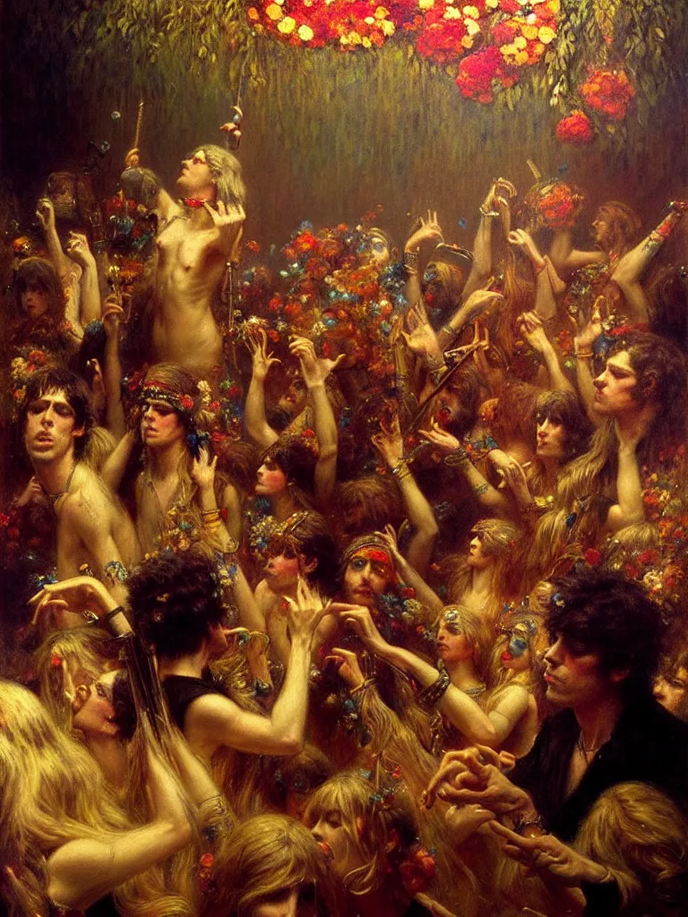 Prompt: the velvet underground and nico playing live on stage at a night club, beautiful stage decoration with flowers in the background, painting by gaston bussiere, very detailed and colorful and toned down and ornamental and moody and cool and relaxed and high on drugs, trending on artstation, behance contest winner