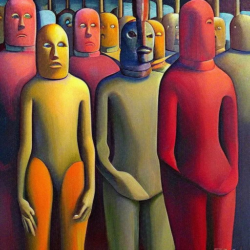 Prompt: queue of robot druids portrait, grant wood, pj crook, edward hopper, oil on canvas