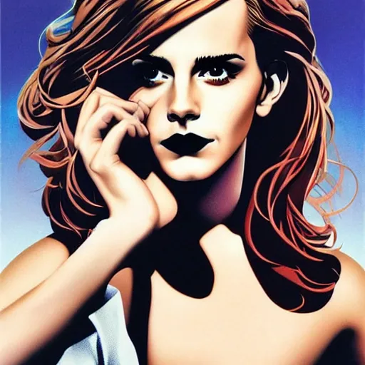 Prompt: emma watson flying in sky Heavy Contour makeup look eye shadow smokey eyes fashion model face by artgem by brian bolland by alex ross by artgem by brian bolland by alex rossby artgem by brian bolland by alex ross by artgem by brian bolland by alex ross