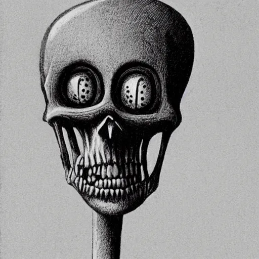 Prompt: humanoid with crooked teeth, two black eyes, long gaping mouth, alien looking, big forehead, horrifying, killer, creepy, dead, slightly realistic, long neck, boney, monster, tall, skinny, skullish, deathly, in the style of alfred kubin