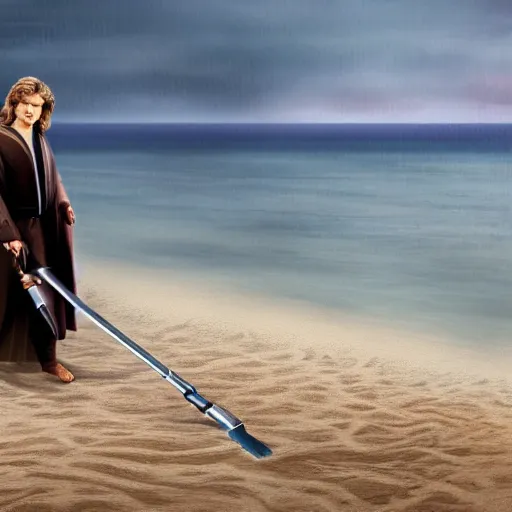 Prompt: anakin skywalker vacuuming the beach for sand, 4k, photorealistic,