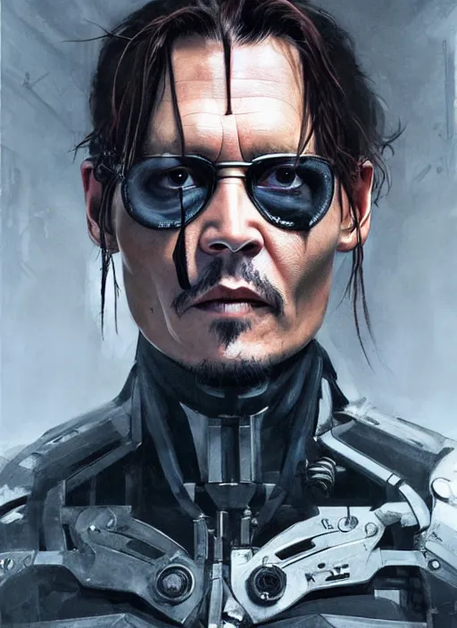 Image similar to johnny depp as victor stone, full body concept, cyborg, borg, strogg, face of a man, terminator, flesh, quake strogg, doom demon, wolfenstein, monstrous, powerful, symmetry, symmetrical, concept art by ruan jia and greg rutkowski