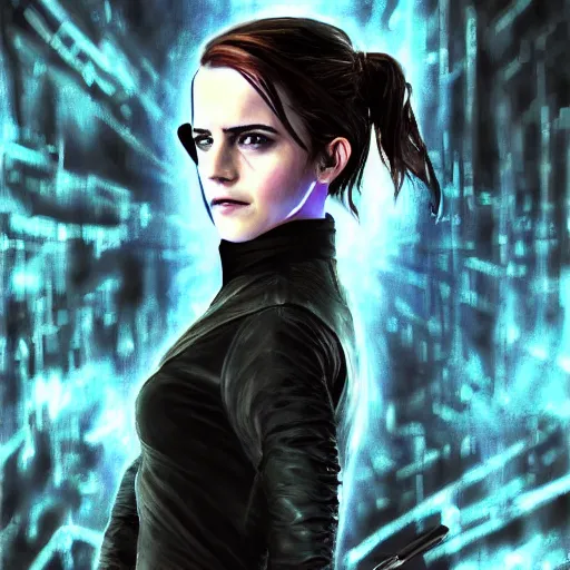 Image similar to emma watson as a cyborg in the matrix, digital art, detailed, painting, fantasy, sci fi