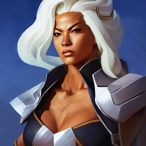 Prompt: greg manchess portrait painting of partially armored ororo munroe alias storm as overwatch character, medium shot, asymmetrical, profile picture, organic painting, sunny day, matte painting, bold shapes, hard edges, street art, trending on artstation, by huang guangjian and gil elvgren and sachin teng