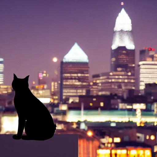 Image similar to photo of black photo of a Tuxedo Cat wearing a top hat, sitting on a rooftop at night time, Philadelphia skyline at night in the background