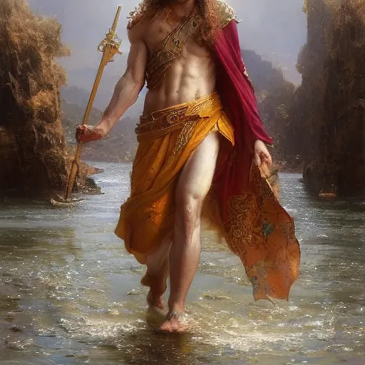 Image similar to a holy saint walking on top of water. photorealism. pseudo realistic. detailed. 4 k masterpiece. cgsociety. by tianhua xu. by gaston bussiere.