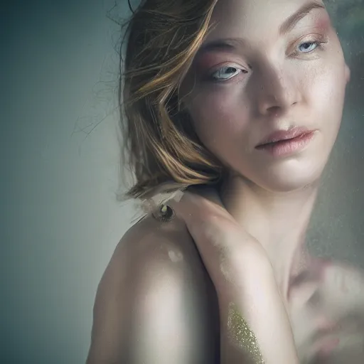 Image similar to canon mark 5, motion blur, realistic character portrait photo of a beautiful woman, muted colours, by britt marling, glitter storm