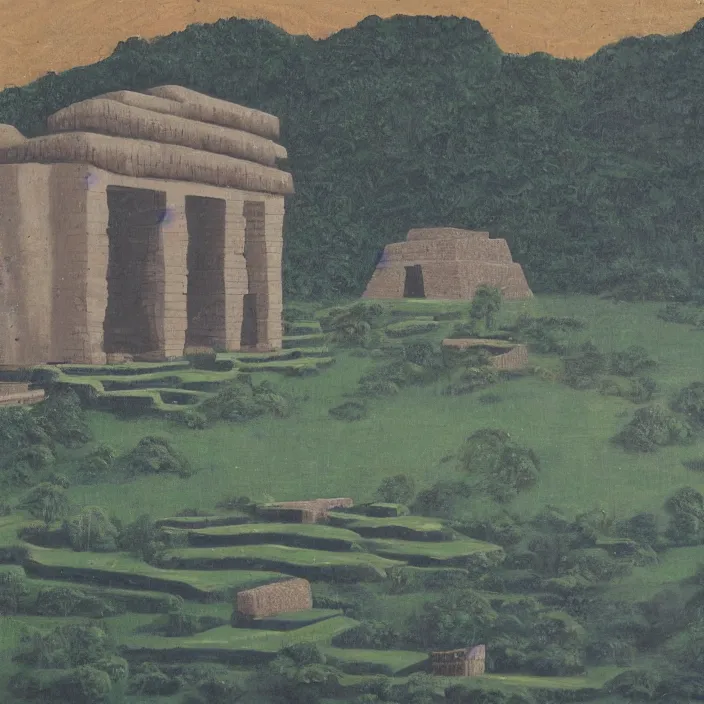 Image similar to a building in a serene landscape, ancient mesoamerican painting