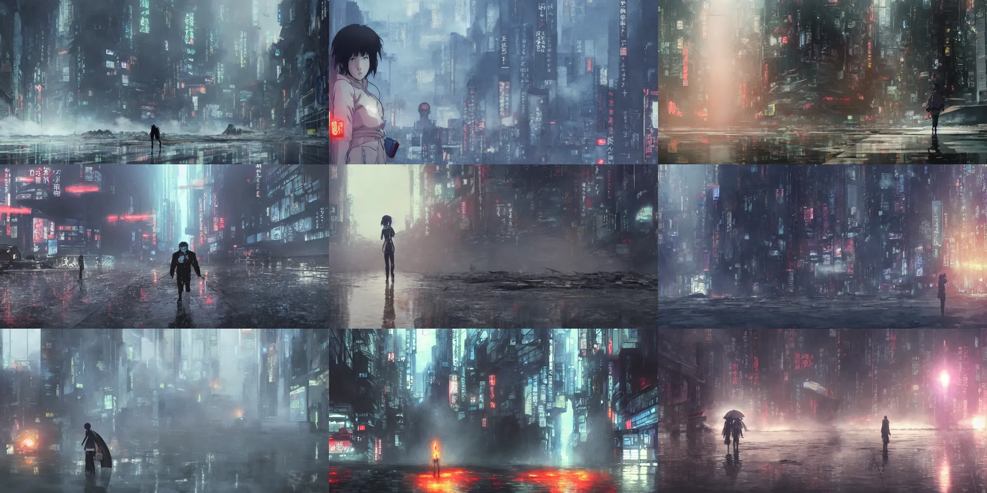 Prompt: incredible wide screenshot, ultrawide, simple water color, paper texture, katsuhiro otomo ghost in the shell anime movie scene, backlit death defying action shot girl in parka, wet dark road, parasol, destroyed tachikoma, earthquake destruction, reflection, thick fog, smoke, destroyed robots, blazing fire, burning bus crash inferno