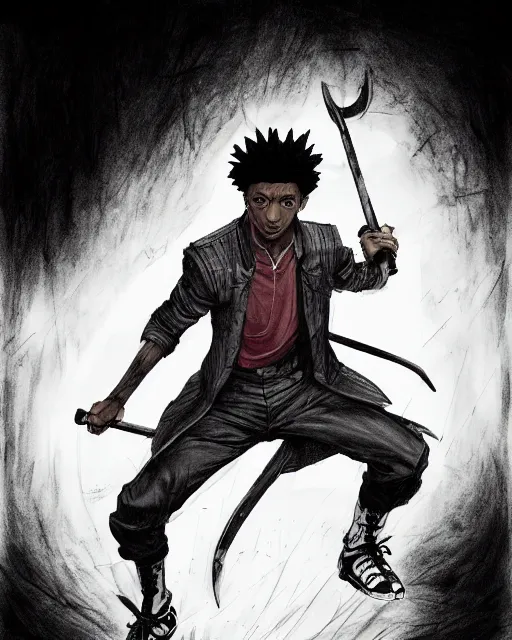 Image similar to a very detailed pencil drawing of 2 1 savage in demon slayer manga panel, action lines, greg rutkowski, in field high resolution, dynamic pose, landscape, medium portrait, action, hyper realistic, manga, koyoharu gotouge, sakuga