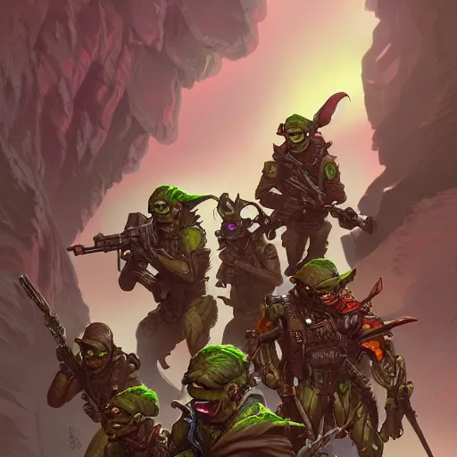 Image similar to goblin recon squad colorful, fantasy, intricate, highly detailed, digital painting, hq, trending on artstation, illustration, style of stanley artgerm and greg rutkowski and dan mumford