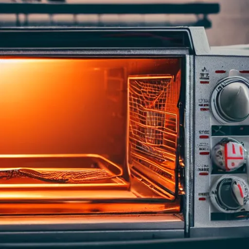 Prompt: toaster oven connected to 1 0 0 cables, symmetry, dark messy smoke - filled cluttered workshop, dark, dramatic lighting, orange tint, sparks, cinematic, highly detailed, sci - fi, futuristic, movie still