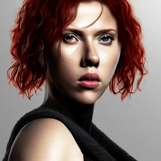 Image similar to hyperrealist black widow wearing a towel, scarlett johansson, photo realistic, dynamic lighting, artstation, poster, volumetric lighting, very detailed faces, 4 k, award winning