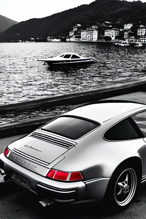 Prompt: Photo of a silver Porsche 911 Carrera 3.2 parked on a dock in Lake Como in the background, daylight, dramatic lighting, award winning, highly detailed, 1980s Versace ad, fashion photography, fine art print, best selling.