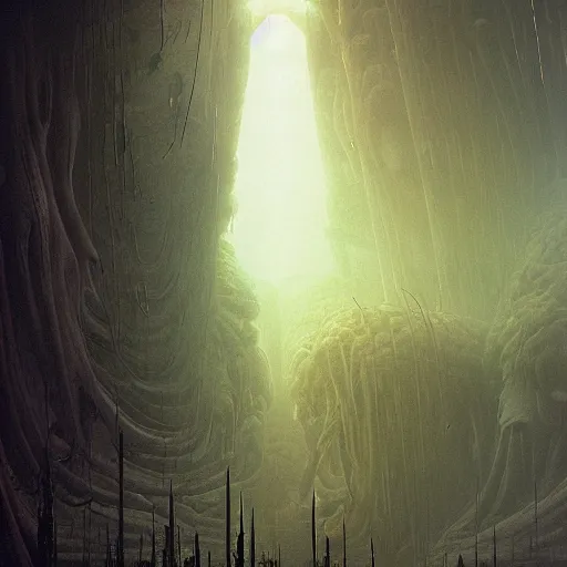 Image similar to epic alien jungle by zdzisław beksinski, greg rutkowski inside a giant futuristic factory by zaha hadid