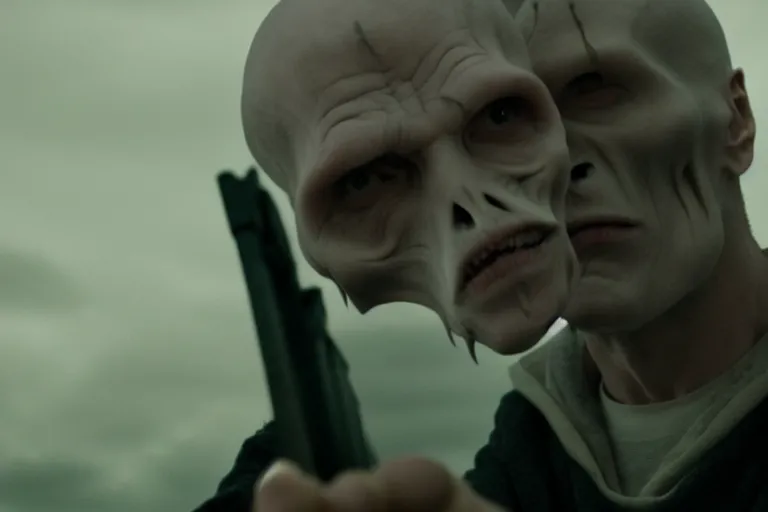 Prompt: volan de mort with shotgun, harry potter movie screenshot, symmetry, cinematic, elegant, luxury, perfect light, perfect composition, dlsr photography, sharp focus, 8 k, ultra hd, sense of awe, highly detailed, realistic, intricate