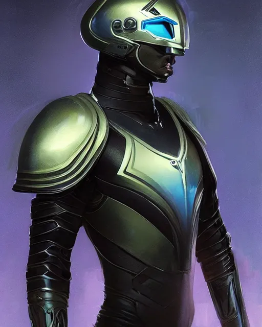 Prompt: character concept of iridescent sinewy smooth muscular male sleek glossy indigo black pearlescent scifi armor with smooth black onyx tron helmet, by greg rutkowski, mark brookes, jim burns, tom bagshaw, magali villeneuve, trending on artstation