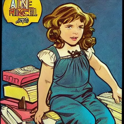 Image similar to a cute little girl with a mischievous face and short brown wavy curly hair sitting on top of a tall pile of books. well composed, clean elegant painting, beautiful detailed face. comic book art by steve ditko and jack kirby and ( alphonse mucha )