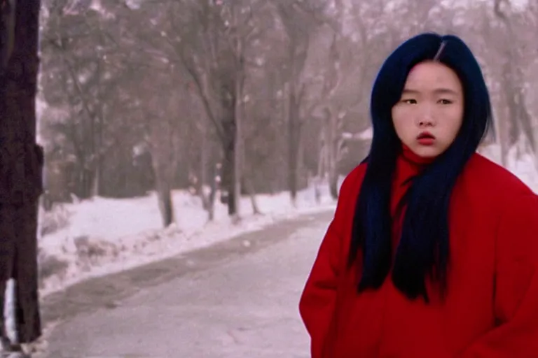 Prompt: an asian teenager with curtain-styled feathered middle part black hair, red turtleneck, blue parka, the sopranos, film still, dramatic lighting,