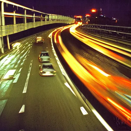 Image similar to silver corolla ae 1 1 0 rides on tokyo highway, night, high traffic, photograph from 1 9 9 9 year