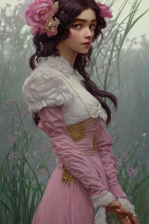 Image similar to beautiful cottagecore doja cat. intricate, elegant. the background is pink !. highly detailed, digital painting, artstation, concept art, smooth, sharp, focus, illustration. . art by artgerm and greg rutkowski and alphonse mucha