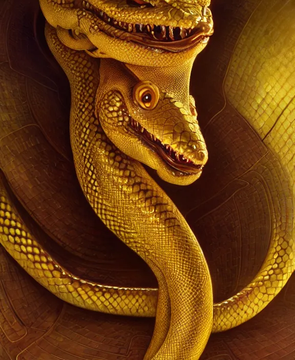 Image similar to intricate golden portrait of a disturbing beautiful alien snake creature, mottling coloring, adorable, childlike, medical equipment hospital environment, ultra realistic, concept art, art nouveau, photorealistic, octane render, 8 k, unreal engine. art by christopher marley and artgerm and greg rutkowski and alphonse mucha