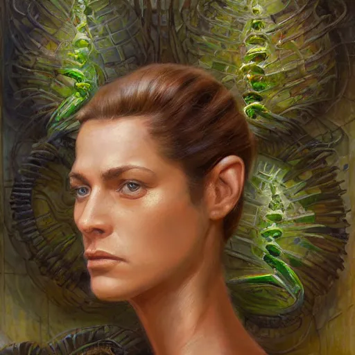 Image similar to detailed face of a woman with green eyes in a biomorphic courtyard with dna sculptures at a science expo, atmospheric, ambient, pj crook, syd mead, livia prima, artgerm, greg rutkowski, nick alm, casey baugh