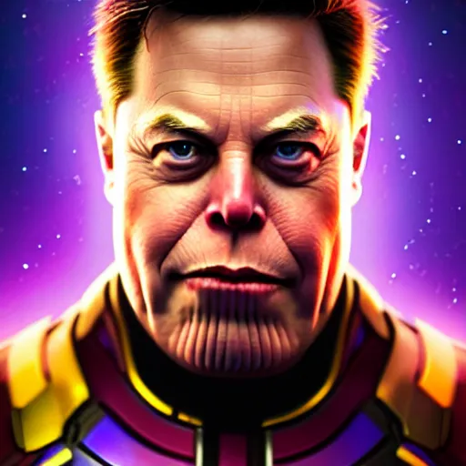 Image similar to a portrait of angry elon musk as thanos, the pixar adaptation, with same hairstyle, hyper detailed, digital art, trending in artstation, cinematic lighting, studio quality, smooth render, unreal engine 5 rendered, octane rendered