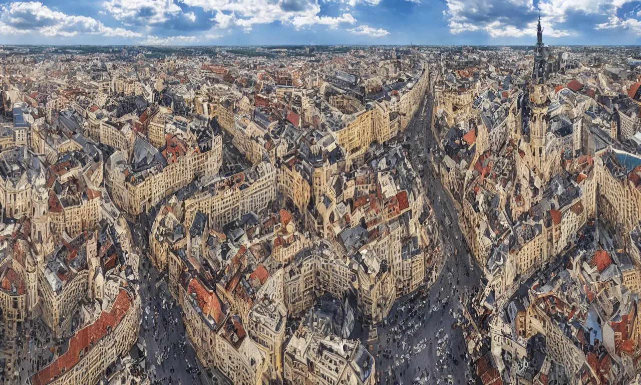 Prompt: highly detailed, intricate stunning image of an ornate baroque city landscape poking through the clouds into the bright blue sky : : 6, looking down from a balcony high up a tower : : 1 0, surrounded by higer baroque castle towers