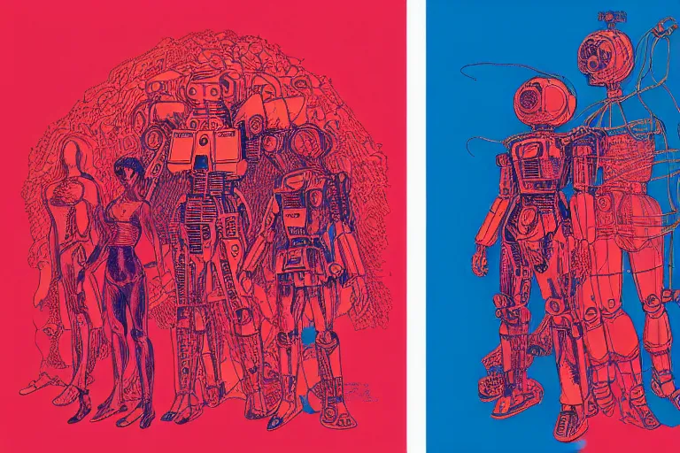 Image similar to risograph grainy drawing vintage sci - fi, satoshi kon color palette, gigantic gundam full - body covered with human bodies and wires, with lot tentacles, vermilion color, codex seraphinianus painting by moebius and satoshi kon and dirk dzimirsky close - up portrait