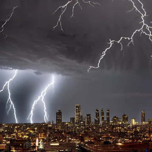 Image similar to a gigantic creature, towering over a city, during a thunderstorm, extreme detail,