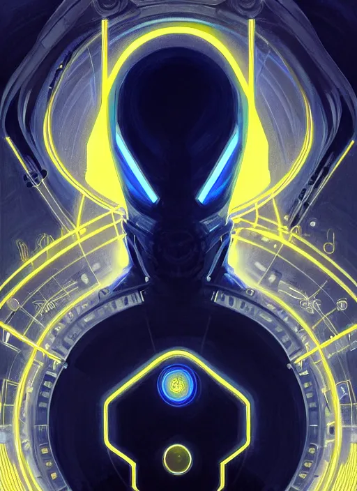 Image similar to symmetry!! portrait of man with black hood, sci - fi, tech wear, blue and yellow glowing lights!! intricate, elegant, highly detailed, digital painting, artstation, concept art, smooth, sharp focus, illustration, art by artgerm and greg rutkowski and alphonse mucha